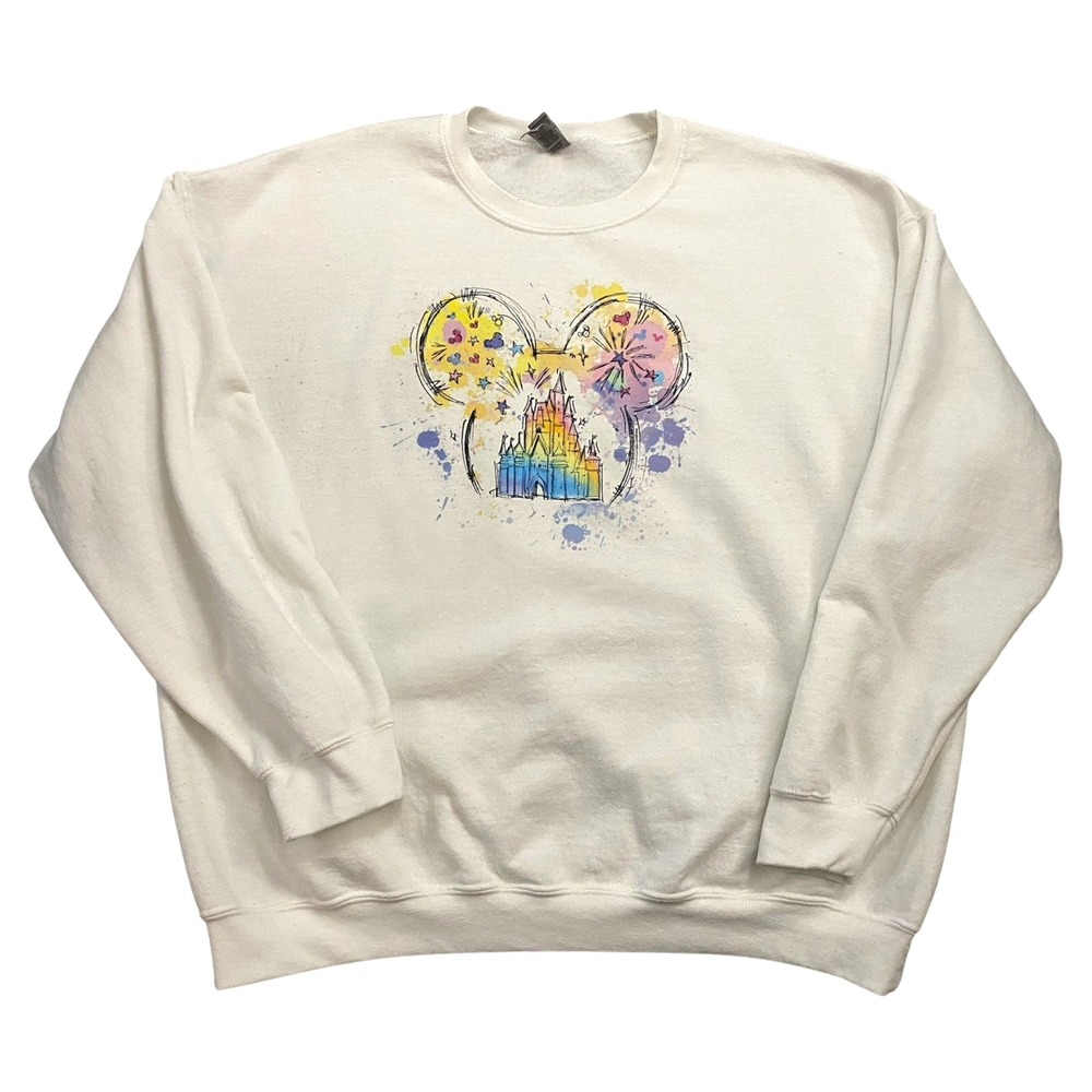 Disney Magic‎ Kingdom Rainbow Colored Castle Sweatshirt White Sz XL Mickey Mouse